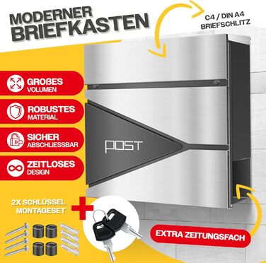 Поштовий ящик KESSER з газетницею, нержавіюча сталь, сріблясто-антрацитовий, з 2 ключами, настінний, з м'яким закриттям кришки, з кріпленням