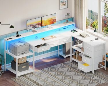 Комп'ютерний стіл Coleshome з 7 висувними ящиками та великим об'ємом зберігання, кутовий стіл з RGB LED підсвічуванням, реверсивний L-подібний стіл з 2 розетками, ідеальний для офісу та геймінгу (білий, 179.5×135.5 см)