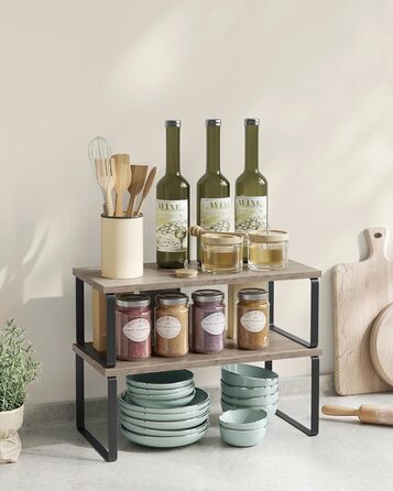 SONGMICS Spice Rack, 4-Piece Set, Kitchen Shelf, Kitchen Organizer, Expandable, Spice Holder, Stackable, with Metal Frame, 19.5 x 29.7 x 15.8 cm, Ink Black + Natural Beige KCS10NB (Ink Black + Greige Melange, 39.7B cm)