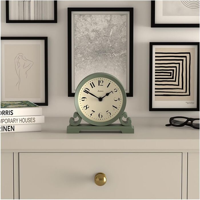 JONES CLOCKS® Saloon Table Clock | Traditional Double Scroll Design | Green | Contemporary classic style for desk, table, shelf, or bedside table
