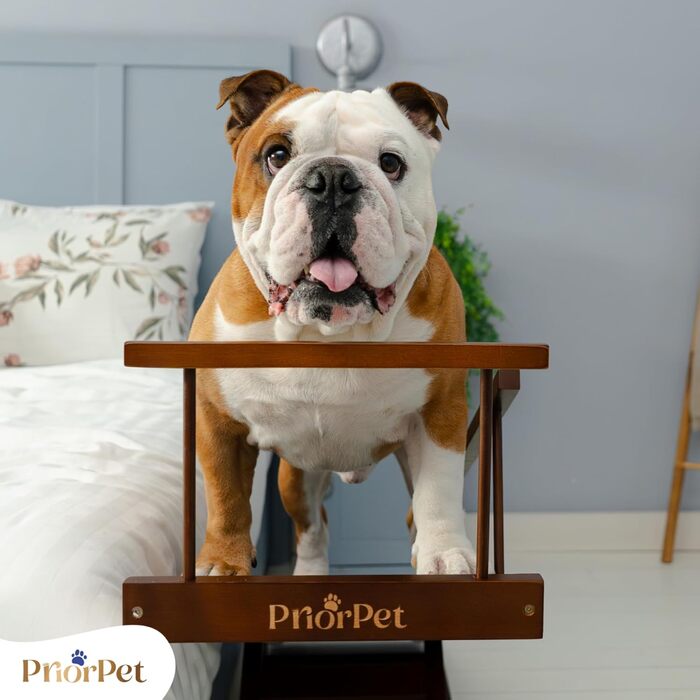 Сходинки для собак PRIORPET з натурального березового дерева з поручнями - регульована висота до 94.5 см - складаються - антиковзні ручки - для собак до 23 кг - колір Walnut