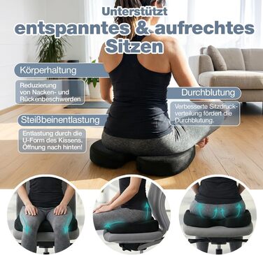 Ортопедична подушка для сидіння Steißbein з Memory Foam, 3 ступені жорсткості. Для офісного крісла, авто, дому. Розвантаження при тривалому сидінні. Чорний, 60-90 кг.