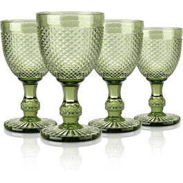 Joeyan 270ml Green Vintage Wine Glasses with Diamond Relief, Colorful Goblet Glasses Wine Goblet Set for Wine Juice Drinks, Set of 4 Retro Drinking Glasses with Stem, Dishwasher Safe