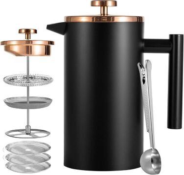 Кавоварка French Press Worbic, 1000 мл, з подвійними стінками, нержавіюча сталь, 3-рівнева фільтрація, для дому, кемпінгу та офісу