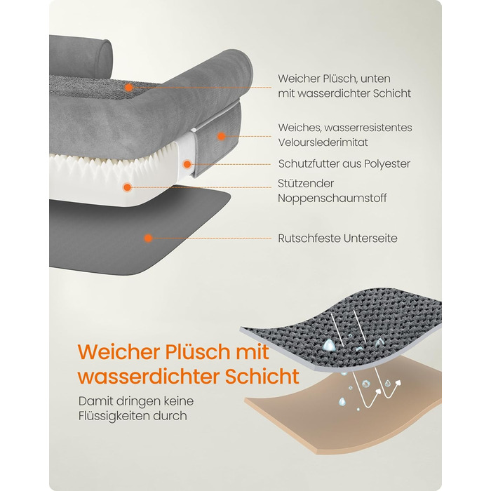 Ортопедичне ліжко для собак Feandrea, м'яке, з високими бортиками, 112x86x18 см, сірий колір, знімний чохол