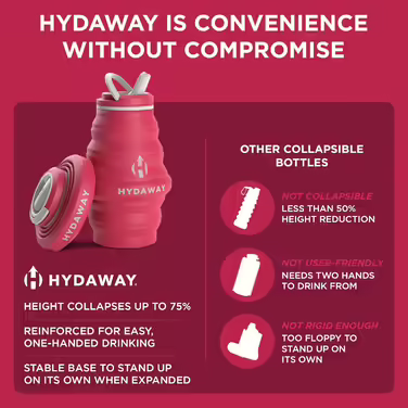 HYDAWAY | Collapsible Water Bottle with Spout Lid | Ultra-Packable and Travel-Friendly | Made of Food-Grade Silicone | 500 ml (Raspberry)