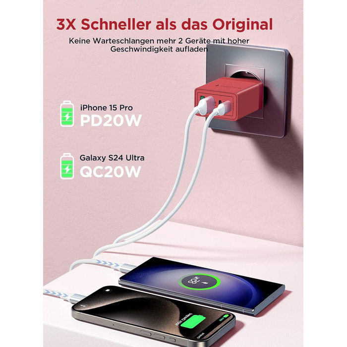 Зарядний пристрій USB-C 4-портовий 40W з Quick Charge для iPhone, Samsung та інших пристроїв (Червоний)