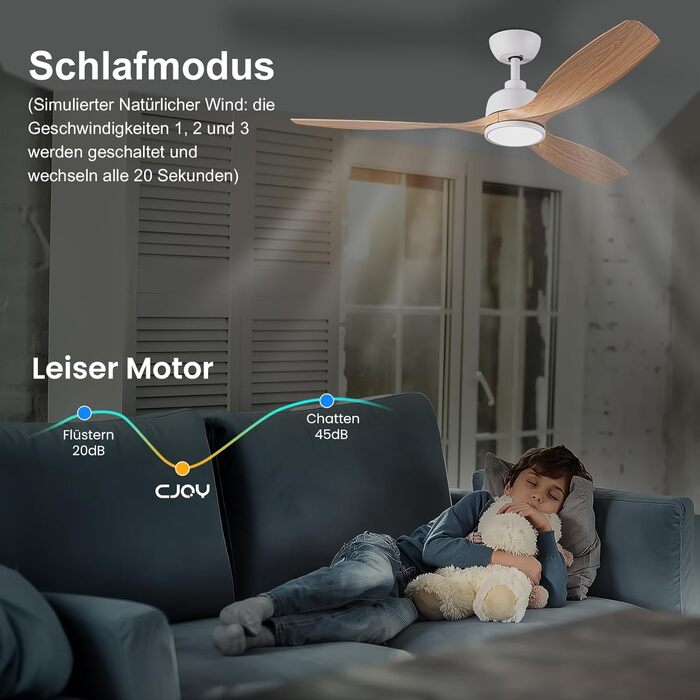 Стеляний вентилятор CJOY з підсвічуванням, 107 см, з пультом керування, DC, безшумний, з функцією зміни напрямку обертання, пам'ять 3CCT, регульована яскравість, 6 швидкостей, таймер для спальні (132 см, біле дерево)