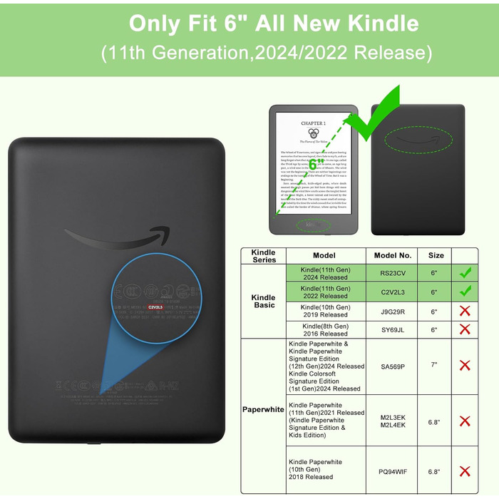 Чохол для Kindle (11-го покоління) 2024/2022, автоматичний сон/пробудження, м'ятний колір (не підходить для Paperwhite/Oasis)