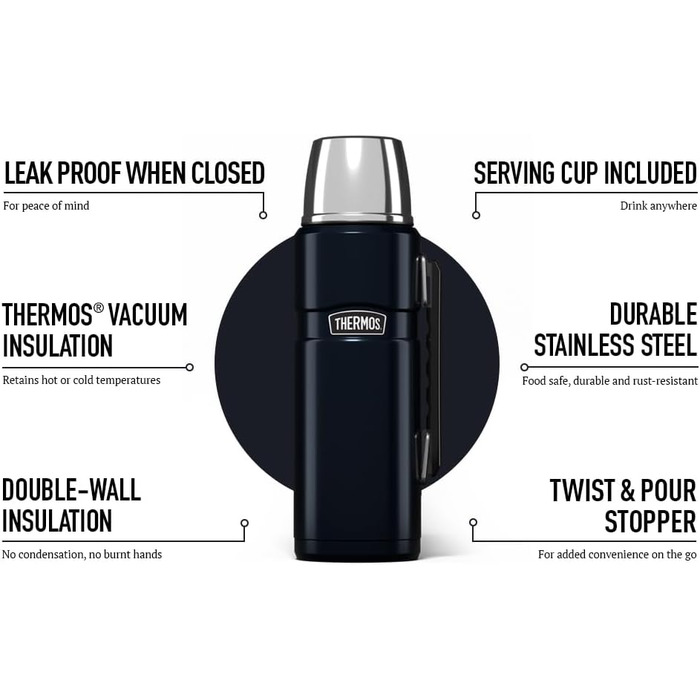 Термос із нержавіючої сталі King Thermosflasche блакитного кольору, 1,20 л - нержавіюча сталь, абсолютно герметичний, з кришкою-чашкою та ручкою, зберігає тепло 12 годин та холод 24 години, придатний для миття в посудомийній машині, без BPA, блакитний, 12