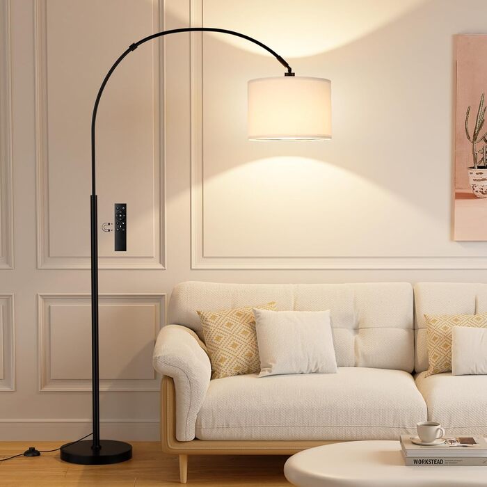 Торшер для вітальні Stehlampe з димером, LED E27, пульт ДУ, 3000K-6000K, бежевий (білий абажур + чорна база). Регульований кут нахилу 350°, висота 180 см.