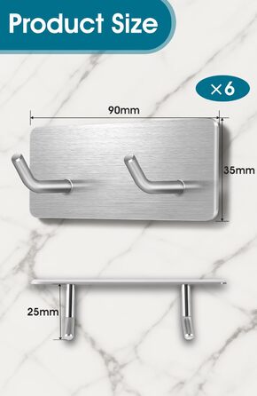 Самоклеючі гачки Haken - набір 6 шт. з нержавіючої сталі 304, без свердління, для ванної, кухні та вітальні