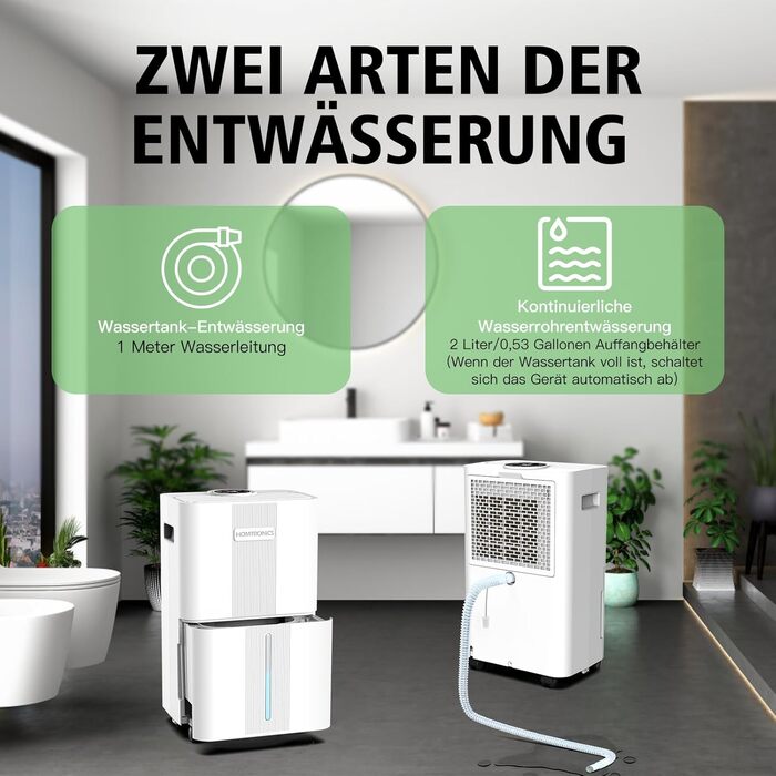 Електричний осушувач повітря Homtronics з гофрованим шлангом 1м, інтел. контроль вологості, 3 режими, таймер 24г, для підвалу, ванної, спальні