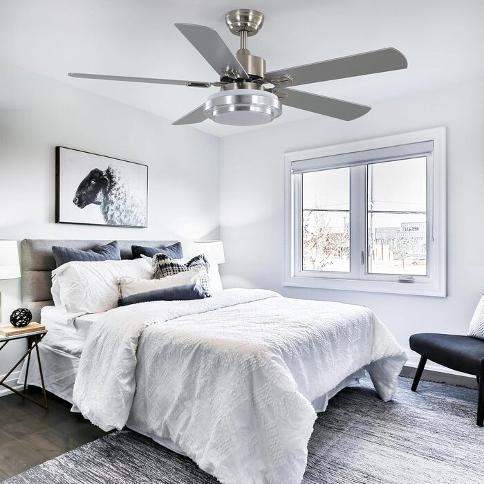 Вентилятор стельовий FINXIN з LED-лампою 132/122 см для спальні, вітальні, їдальні. 5 лопатей, Brushed Nickel, з пультом керування