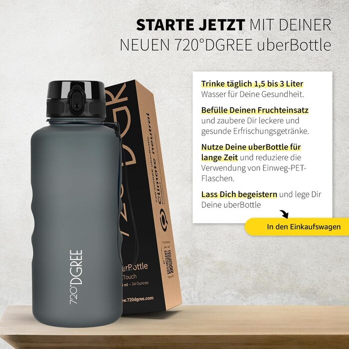 Пляшка для води 720°DGREE 'uberBottle' з ситечком, 1.5л, чорна - Tritan, BPA-Free, для спорту, школи, фітнесу, велосипеда, активного відпочинку