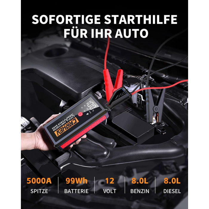 Powerbank для авто Starthilfe 5000A: пускова станція, 12V, до 8.0L бензин/дизель, USB, LED ліхтарик