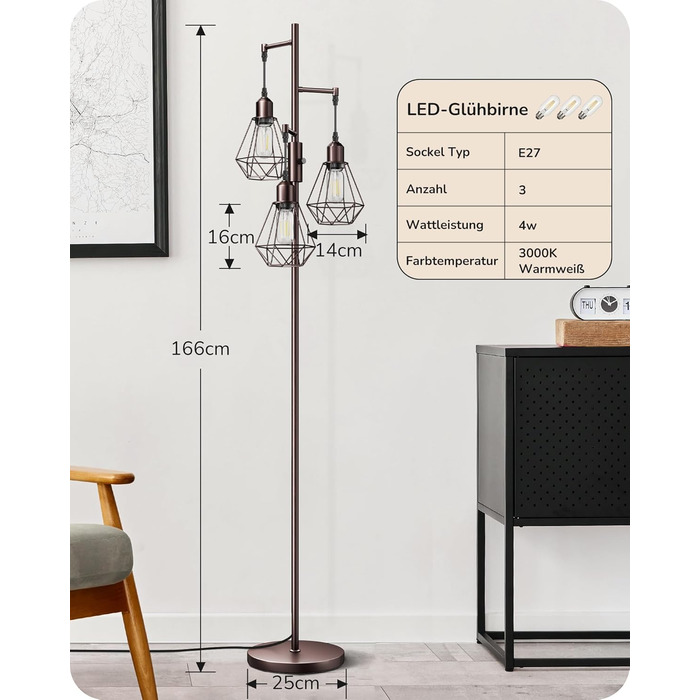LED торшер Edishine для вітальні, 3 лампи, ретро стиль, диммування, 4W E27, регулювання поворотною ручкою, індустріальний дизайн, металевий абажур-сітка, 2700K, висота 166 см, колір: коричневий