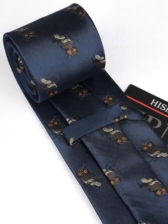 HISDERN Комплект краватки та кишенькового хустинки з принтом тварин для чоловіків, вечірній/діловий стиль, синій/сова, універсальний розмір