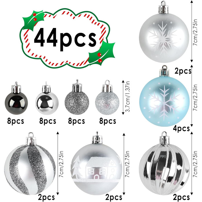 44 штуки прикрас для ялинки, декор на Новий рік, пластикові кулі для ялинки з подарунковим пакетом (срібно-блакитний)