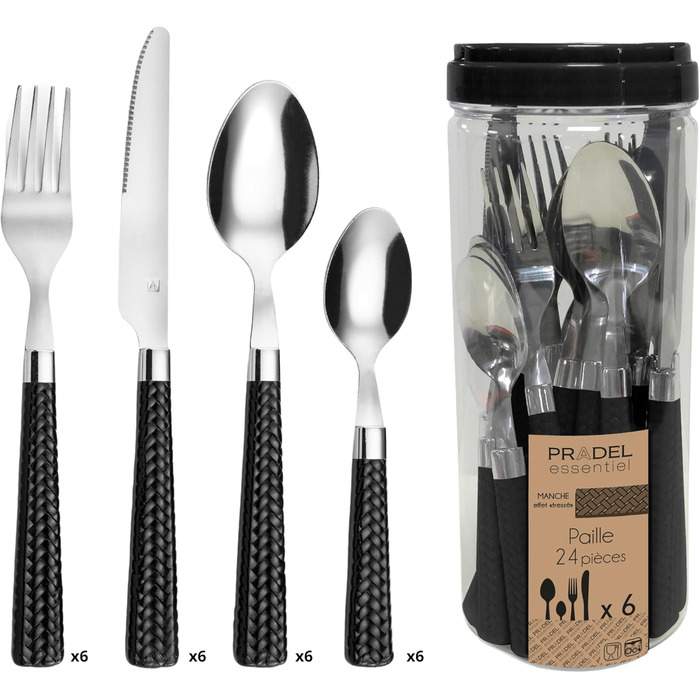 Amefa PAILLE Cutlery Set for 6 | Dinner Cutlery Set 24-Piece | Black Handles with Braided Design | Cutlery Set 18/0 Stainless Steel | Dishwasher-Safe Cutlery Set | 6 each of Fork, Knife, Spoon & Teaspoon