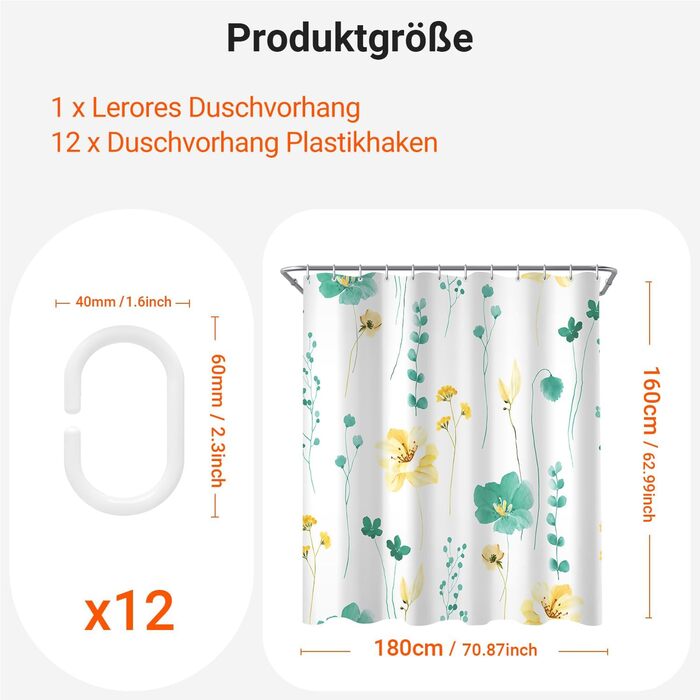 Штора для ванної кімнати 240x200 см, квіти, антигрибкова, водовідштовхувальна, поліестер, з кільцями для душу (М'ятний)