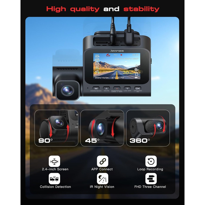 Відеореєстратор Jzones з GPS, WiFi, 4K+1080P, потрійна камера (передня, задня, внутрішня), 64GB SD, G-сенсор, нічне бачення, паркувальний режим, керування через додаток