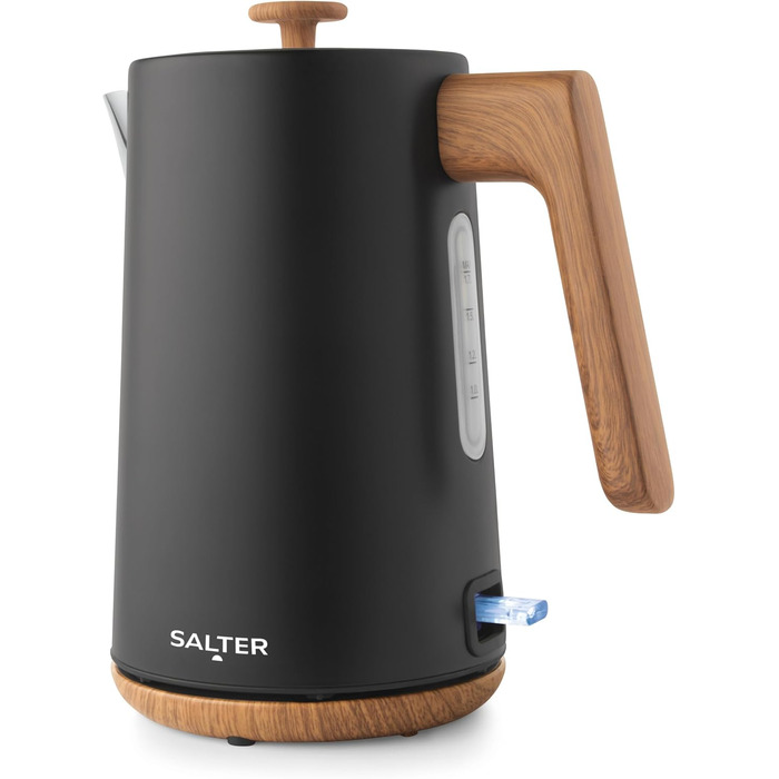 Електричний чайник Salter Toronto 1,7L, 3kW, чорний: швидке кип'ятіння, 360° підставка, фільтр від накипу, дерев'яний дизайн, бездротовий, захист від сухого кип'ятіння, автовимкнення, контролер Otter, чорний колір