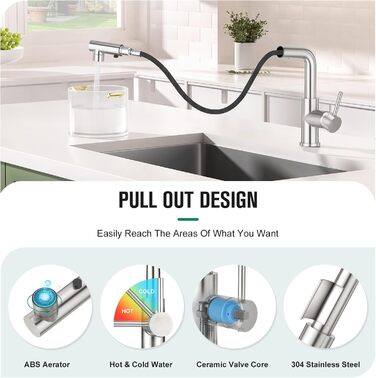 Кран кухонний CREA з 3 функціями, висувна лійка, поворот на 360°, матовий (з нержавіючої сталі)