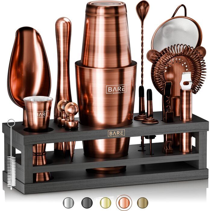 Набір для коктейлів BARE BARREL Mixology Barkeeper-Set, 16 предметів, з Бостонським шейкером 28oz та 35 картками рецептів, мідно-чорний