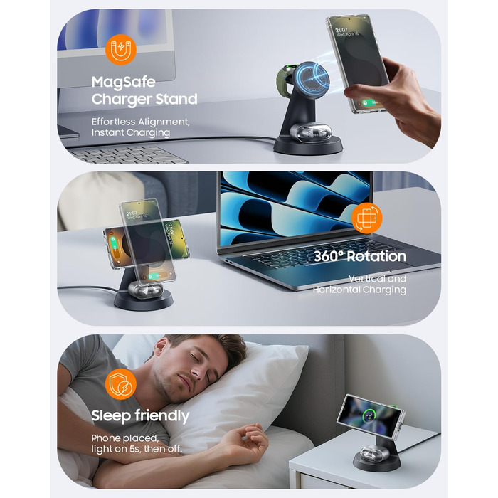 Бездротова зарядка Meifigno 3-в-1 для Samsung Galaxy: Mag-Safe, годинник, навушники (чорний)