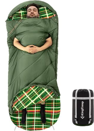Спальний мішок KingCamp XXL з бавовни фланель для дорослих, великий розмір, теплий, зимовий для кемпінгу, подорожей та активного відпочинку на природі, 4-сезонний, 220x100 см (#Tragbar, оливковий)