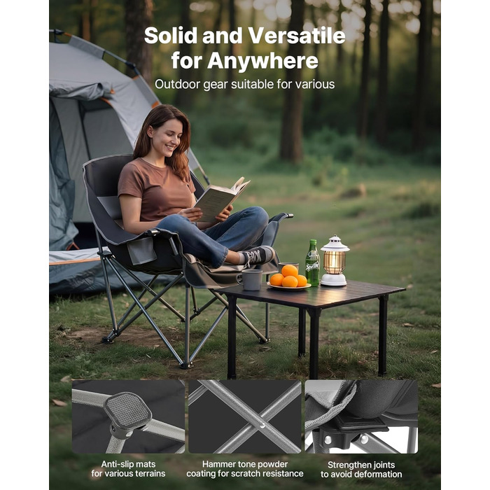 Кемпінговий стілець VEVOR великий, складний - до 204 кг, з підсклянниками, для риболовлі, пікніка, чорно-сірий