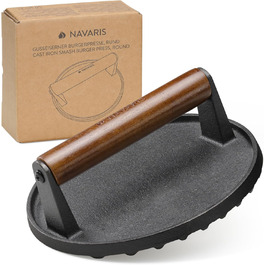 Navaris Smashed Burger Press - Cast Iron Burger Press - Prepare Burgers Healthy and Delicious - Grill Press - Meat Press - 17.5 x 17.5 cm - Round Cast Iron