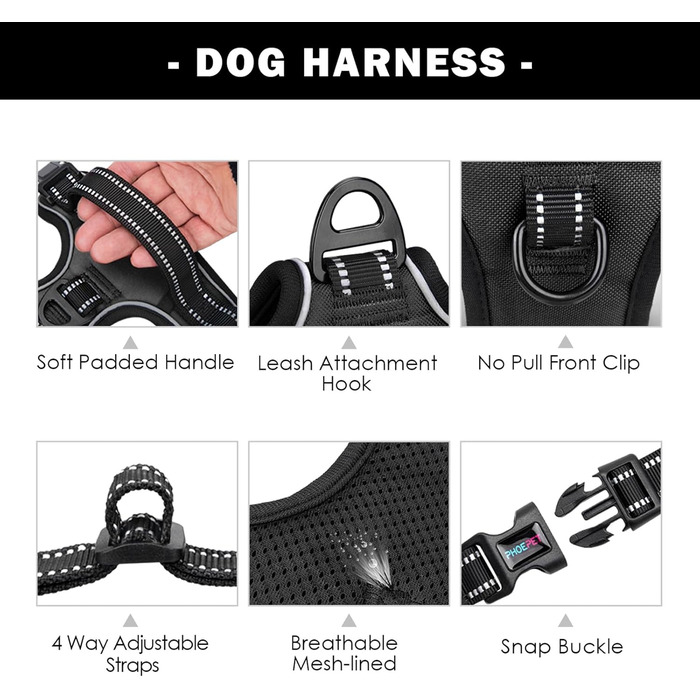 Шлейка для собак PHOEPET без натягу для маленьких собак, світловідбиваюча, регульована, з переднім кріпленням, з ручкою, 2 металеві кільця, 3 пряжки (легко одягати та знімати), чорна, розмір L
