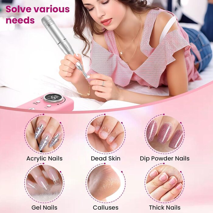 Професійний портативний фрезер для нігтів 45000 об/хв з LCD-дисплеєм (рожевий)