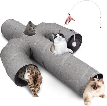 Cat Tunnel Toy, Collapsible Cat Tunnel for Indoor Cats, Interactive Peek-a-Boo Hole, Pet Tunnel with Cat Wand Toy (Cactus Shape, L-120CM, Dia-30CM)