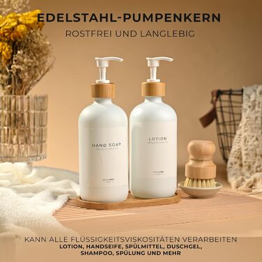 Набір дозаторів для мила та рідкого миючого засобу MaisoNovo | Скляні дозатори для ванної кімнати | 500 мл, білий колір, бамбукова помпа, 2 шт.