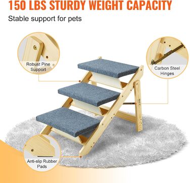 Сходи для домашніх тварин VEVOR з дерева, 2-в-1, складана, для собак та котів, для ліжка, дивану, автомобіля, 3 сходинки, до 68 кг