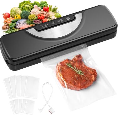 Вакуумний пакувальник 5 в 1 з вбудованим різаком, вакуумний пакувальник Sous Vide, вакуумний пакувальник з фольгошвальною машиною, включаючи 10 вакуумних пакетів та шланг, вакуумний запаювач для продуктів харчування, чорний