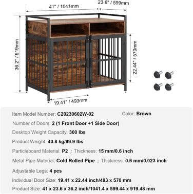 Клітка для собак VEVOR 1041x599x919 мм з міцного вуглецевої сталі та П2 ДСП, вінтажний дизайн, з подвійними дверима, чорна