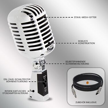 Мікрофон Pyle - Динамічний, Ретро-стиль, для вокалу, XLR, 4.88м кабель, для живих виступів та студії, срібний