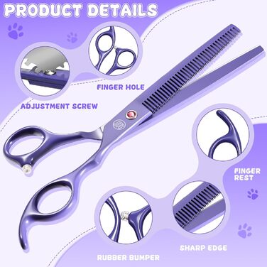 Професійний набір ножиць для грумінгу собак Moontay 7 дюймів: ножиці для грумінгу, випрямні, зігнуті, для розрідження, фіолетовий