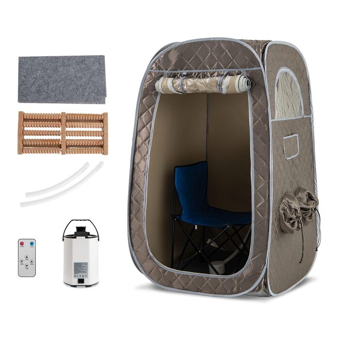 Портативна парова сауна HOMASIS для дому з генератором пари 3 літри, з пультом дистанційного керування, 9 температурних режимів та 9 таймерів, мобільний сауна-тент з відкидним стільцем та масажером для ніг (сірий)