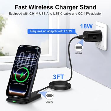 Бездротова зарядка Samsung 15W з адаптером живлення: підставка для швидкої зарядки Galaxy S25/S24/S23/S22/S21/S20, iPhone 17-11, Google Pixel 10/10 Pro/9 Pro – чорна, складана