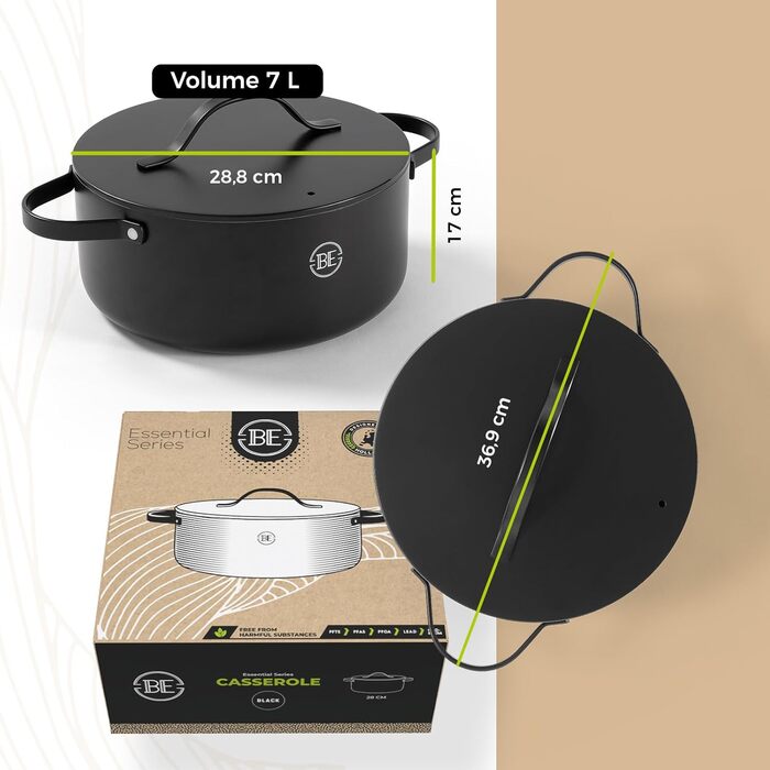 Каструля Be Living Essential з кришкою, 24 см, 7 л, антипригарне покриття Keramik Antihaft, для індукційних плит, без PTFE та PFOA, чорна