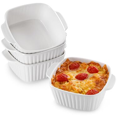 Набір форм для запікання NUTRIUPS 400мл (4 шт.) з кераміки, 14.5 x 11.5 x 5.5 см, квадратні, з ручками, для духовки та мікрохвильовки (білі)