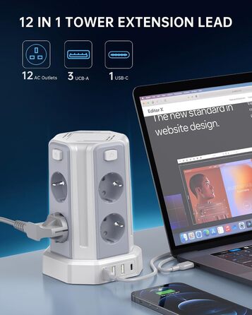 Многорозеткова мережева панель Sameriver з 4 USB, захист від перенапруги, з вимикачем, 8 розеток, 5 м, біла