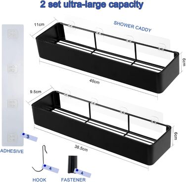 NOSTHEART Shower Shelf No Drilling, 2 Pack Shower Rack Organizer with Hooks, 38-40cm Bathroom Shelf with Large Capacity, Shower Basket for Bathroom and Kitchen