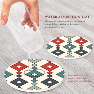 Drink Coasters 6-Piece Set, Geometric Tribal Boho Blue Red Absorbent Round Ceramic Stone Mat with Cork Bottom and Metal Holder, Housewarming Gift for Bar Decor