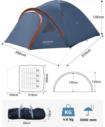 Намет KingCamp для 4 осіб з тамбуром, водонепроникний 3000 мм, блакитний - кемпінговий, легкий, швидкий монтаж